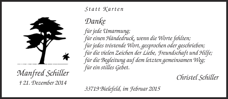  Traueranzeige für Manfred Schiller vom 07.02.2015 aus Neue Westfälische