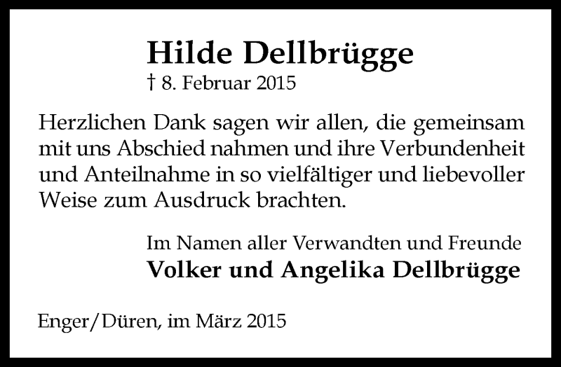  Traueranzeige für Hilde Dellbrügge vom 07.03.2015 aus Neue Westfälische