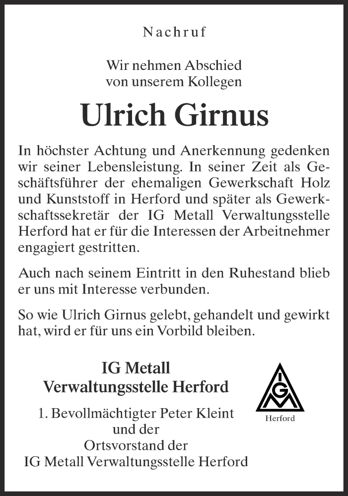  Traueranzeige für Ulrich Girnus vom 10.02.2015 aus Neue Westfälische
