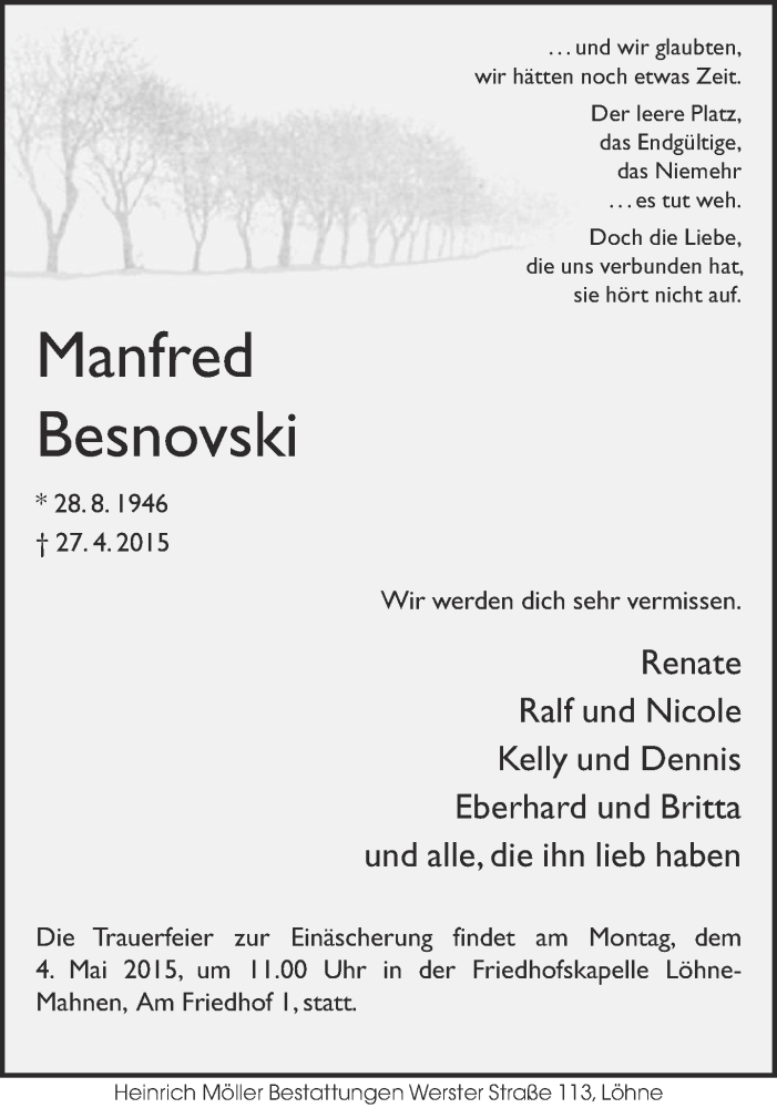  Traueranzeige für Manfred Besnovski vom 30.04.2015 aus Neue Westfälische