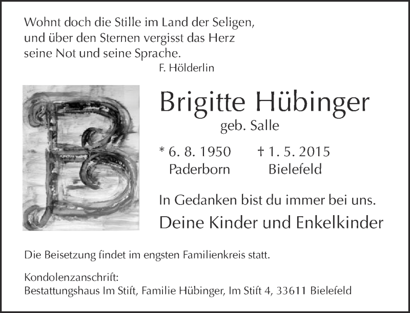  Traueranzeige für Brigitte Hübinger vom 04.05.2015 aus Neue Westfälische