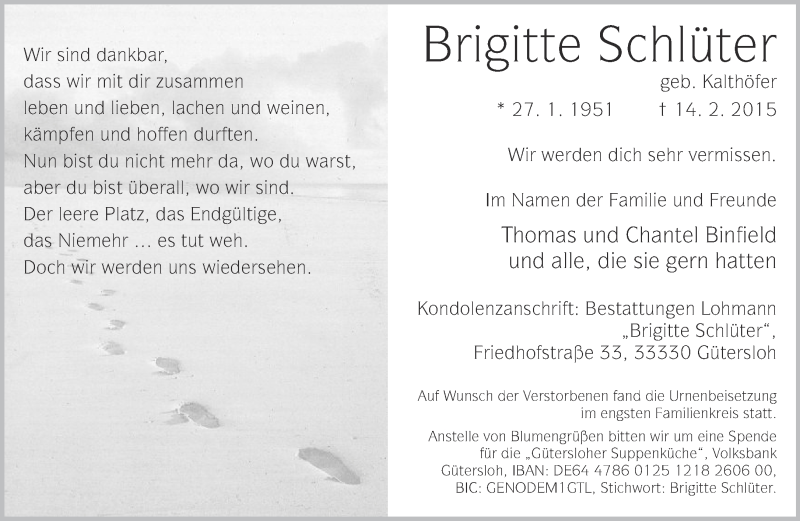  Traueranzeige für Brigitte Schlüter vom 23.02.2015 aus Neue Westfälische