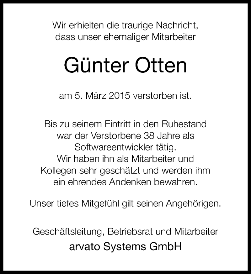  Traueranzeige für Günter Otten vom 13.03.2015 aus Neue Westfälische