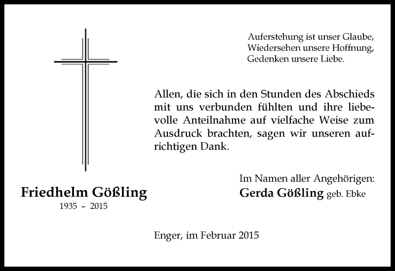  Traueranzeige für Friedhelm Gößling vom 16.02.2015 aus Neue Westfälische
