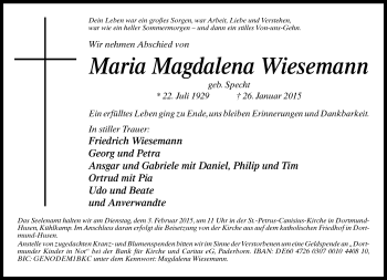 Traueranzeige von Maria Magdalena Wiesemann von Neue Westfälische