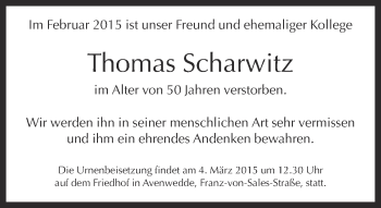 Traueranzeige von Thomas Scharwitz von Neue Westfälische