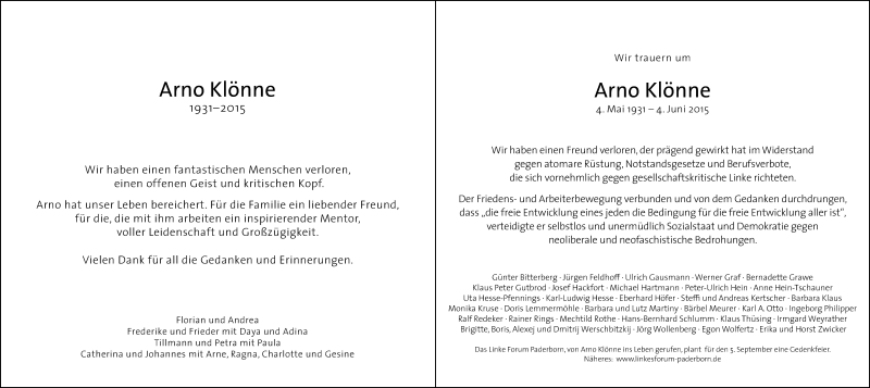  Traueranzeige für Arno Klönne vom 13.06.2015 aus Neue Westfälische