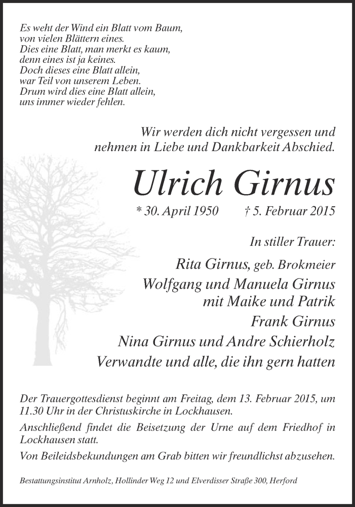  Traueranzeige für Ulrich Girnus vom 07.02.2015 aus Neue Westfälische
