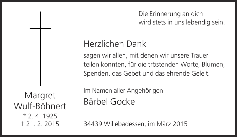  Traueranzeige für Margret Wulf-Böhnert vom 28.03.2015 aus Neue Westfälische