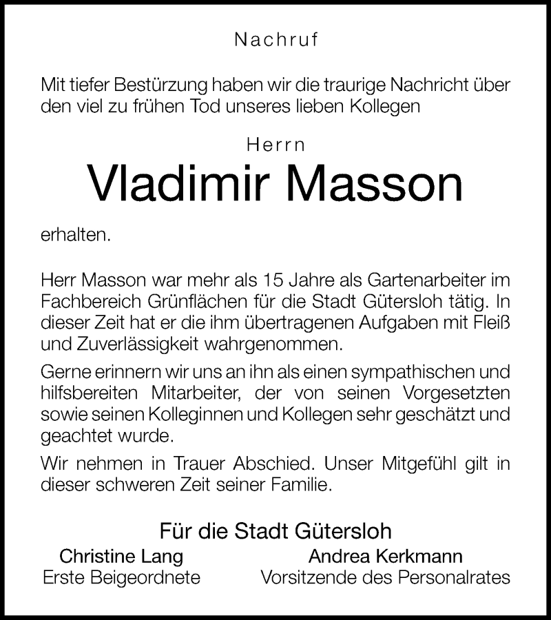  Traueranzeige für Vladimir Masson vom 10.04.2015 aus Neue Westfälische