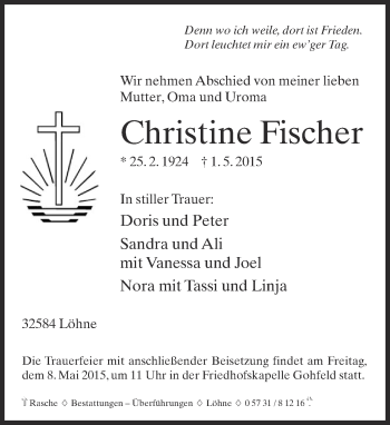 Traueranzeige von Christine Fischer von Neue Westfälische