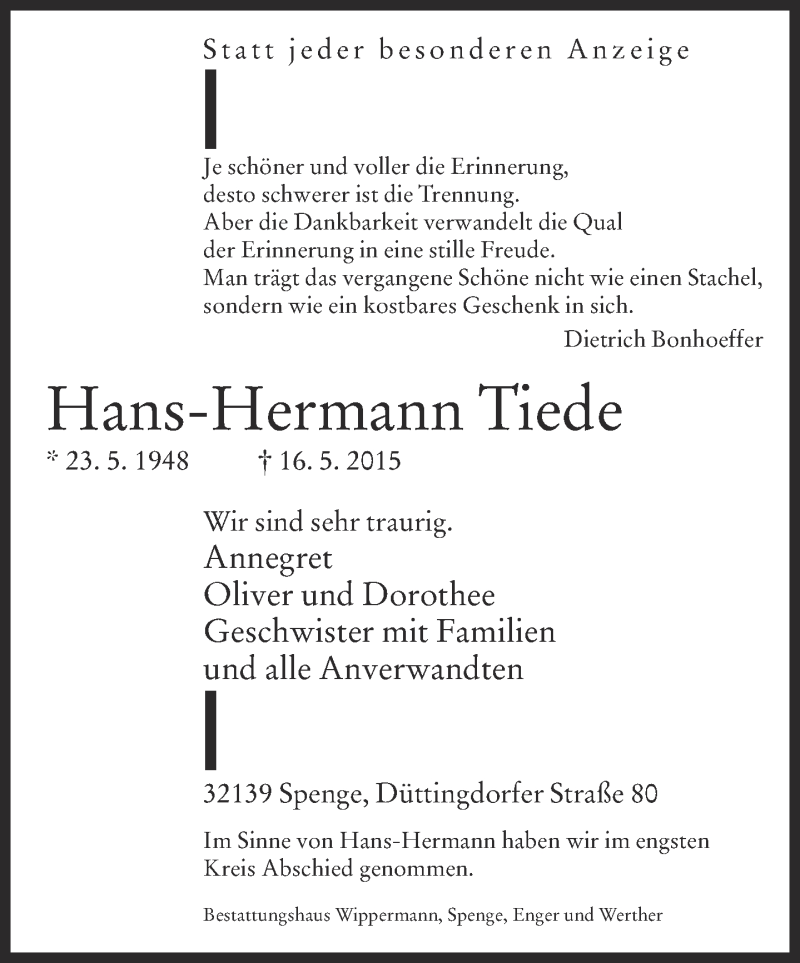  Traueranzeige für Hans-Hermann Tiede vom 23.05.2015 aus Neue Westfälische