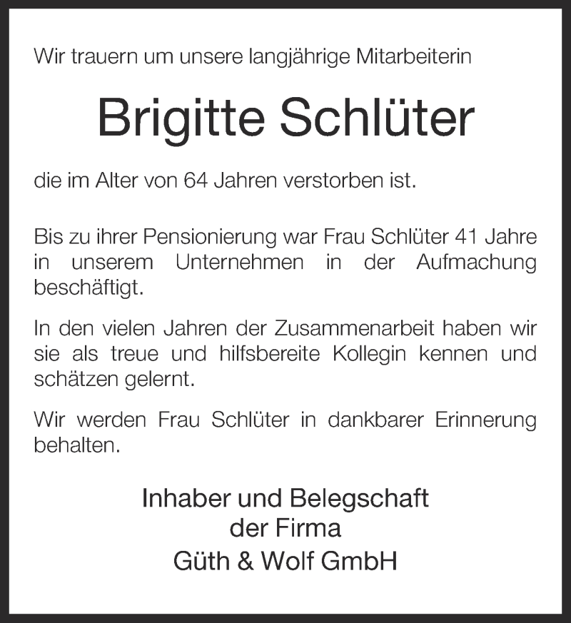  Traueranzeige für Brigitte Schlüter vom 23.02.2015 aus Neue Westfälische