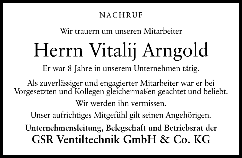  Traueranzeige für Vitalij Arngold vom 01.05.2015 aus Neue Westfälische