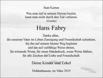 Traueranzeige von Hans Fabry von Neue Westfälische