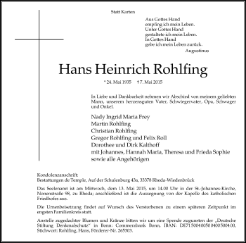 Traueranzeige von Hans Heinrich Rohlfing von Neue Westfälische