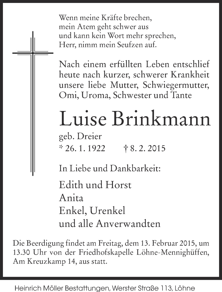  Traueranzeige für Luise Brinkmann vom 10.02.2015 aus Neue Westfälische