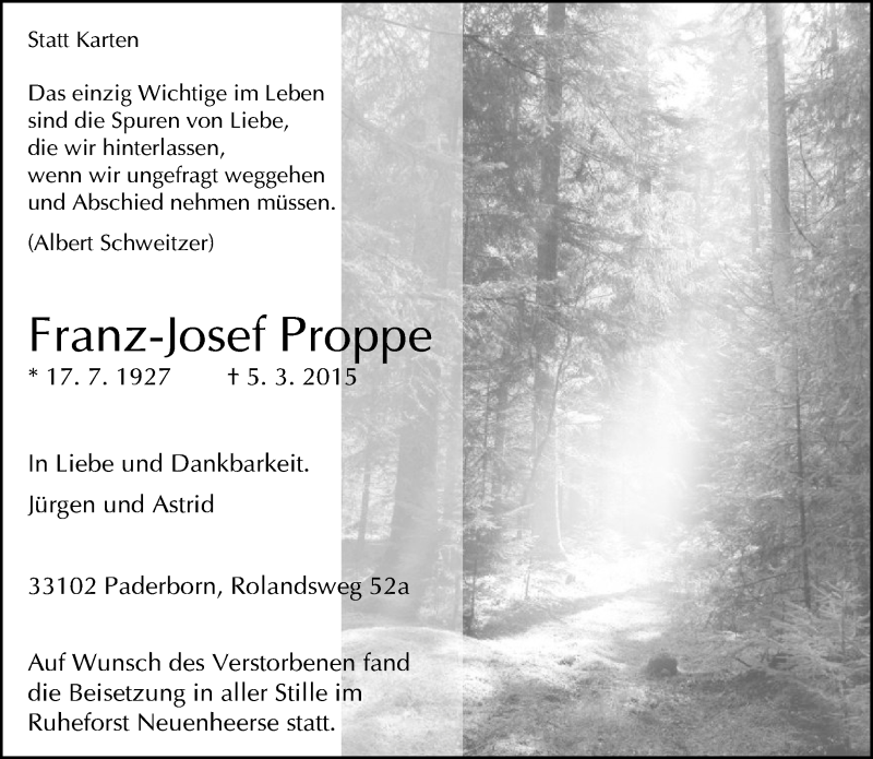 Traueranzeige für Franz-Josef Proppe vom 13.03.2015 aus Neue Westfälische