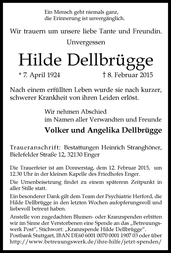  Traueranzeige für Hilde Dellbrügge vom 10.02.2015 aus Neue Westfälische