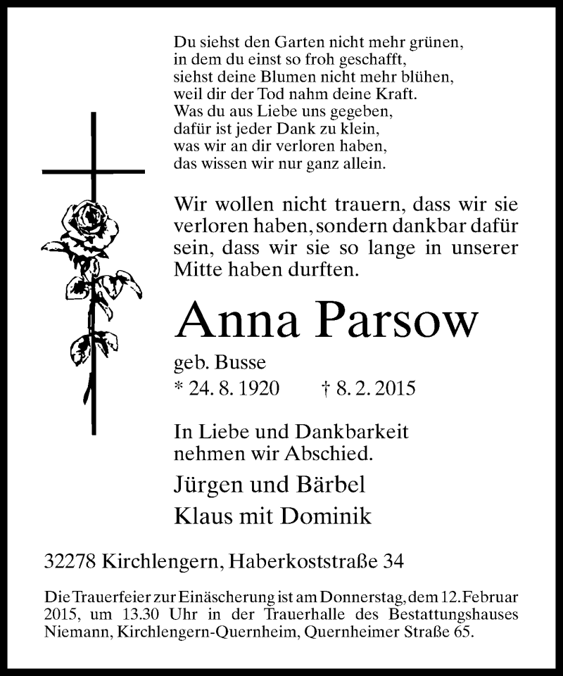  Traueranzeige für Anna Parsow vom 10.02.2015 aus Neue Westfälische