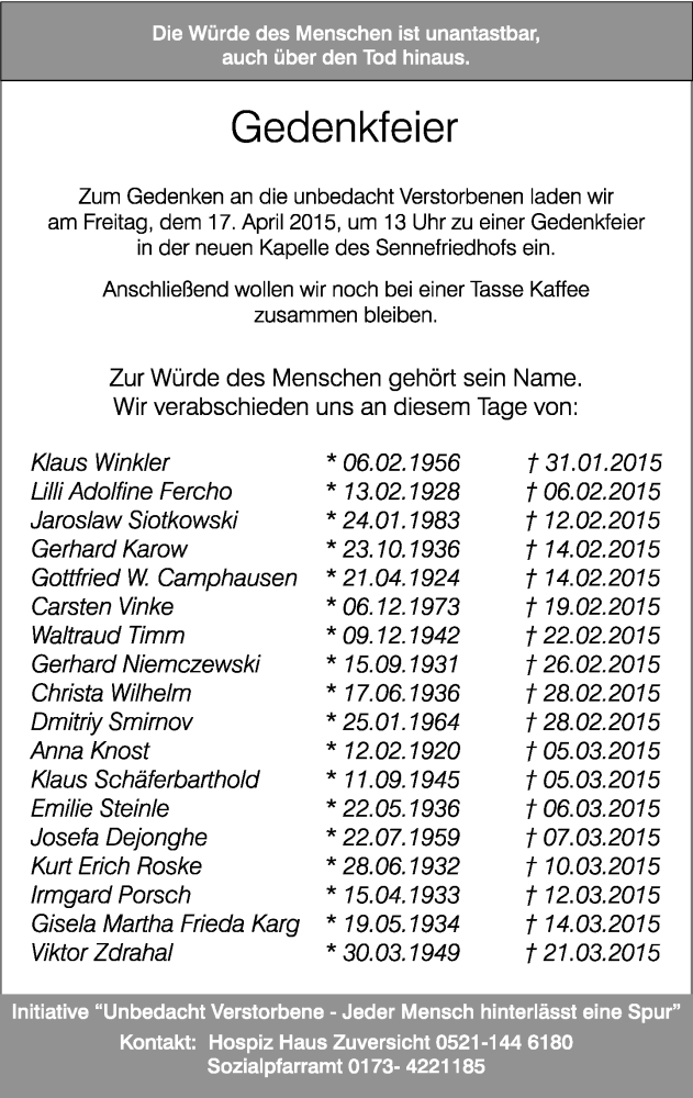 Traueranzeige für In Gedenken Initiative Unbedacht Verstorbene vom 10.04.2015 aus Neue Westfälische