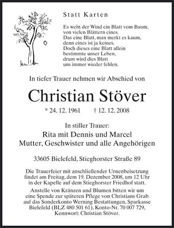 Traueranzeige von Christian Stöver von Neue Westfälische
