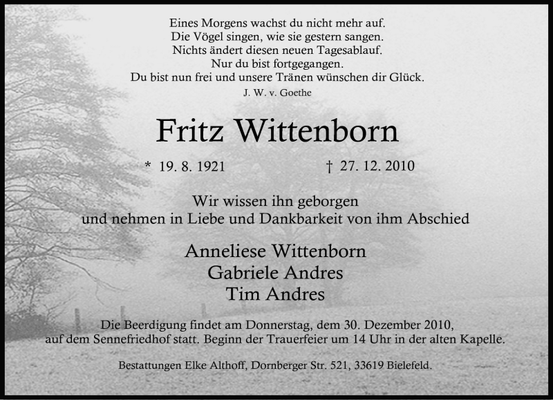  Traueranzeige für Fritz Wittenborn vom 29.12.2010 aus Neue Westfälische