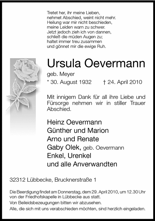  Traueranzeige für Ursula Oevermann vom 27.04.2010 aus Neue Westfälische