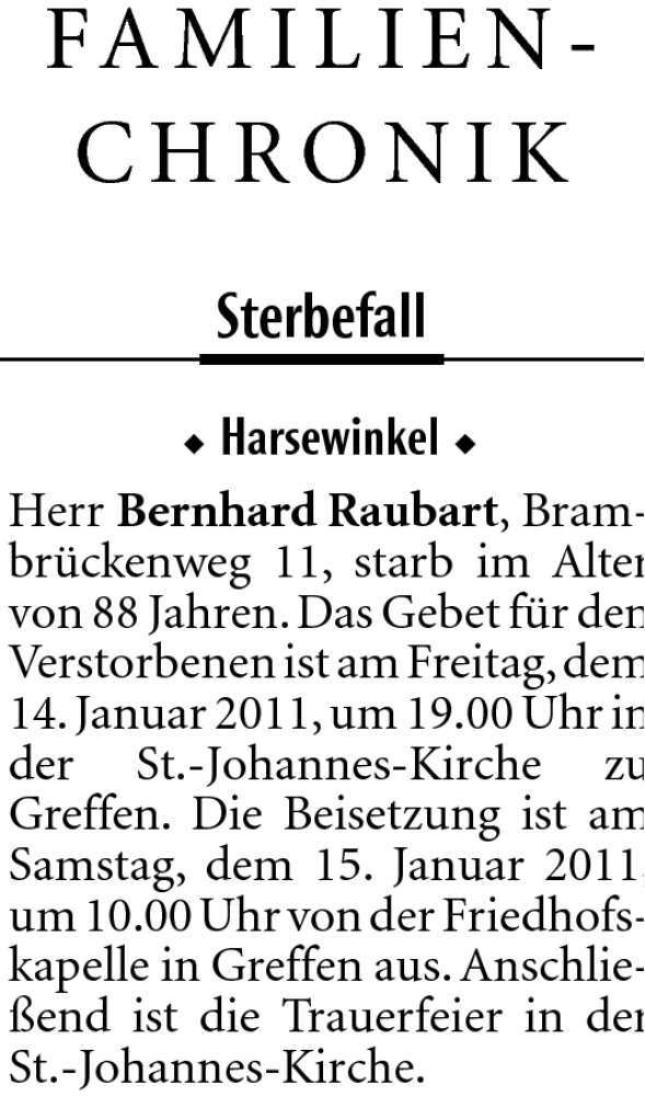  Traueranzeige für Bernhard Raubart vom 14.01.2011 aus Neue Westfälische