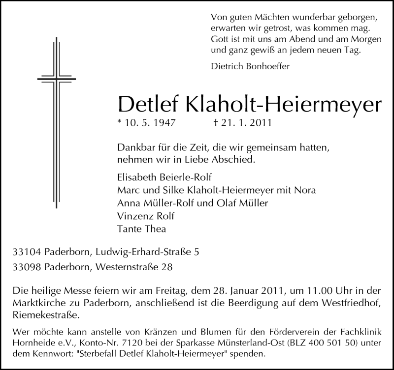  Traueranzeige für Detlef Klaholt-Heiermeyer vom 25.01.2011 aus Neue Westfälische