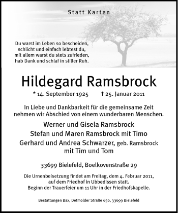 Traueranzeige von Hildegard Ramsbrock von Neue Westfälische