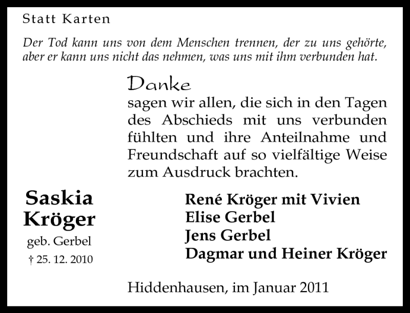  Traueranzeige für Saskia Kröger vom 29.01.2011 aus Neue Westfälische