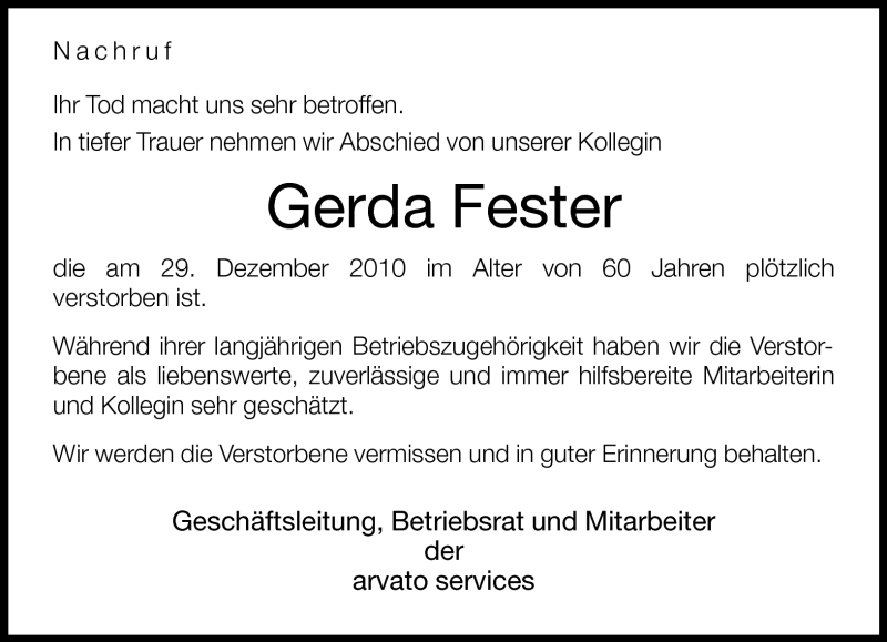  Traueranzeige für Gerda Fester vom 07.01.2011 aus Neue Westfälische