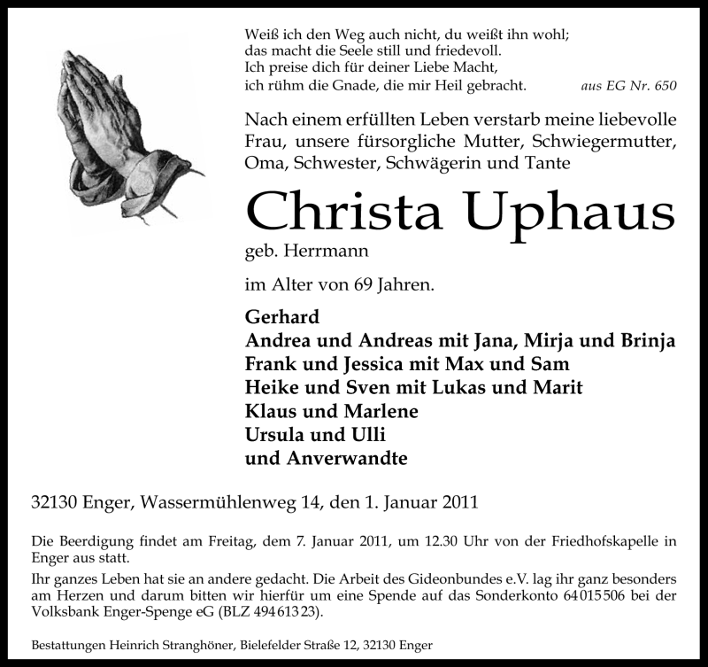  Traueranzeige für Christa Uphaus vom 04.01.2011 aus Neue Westfälische