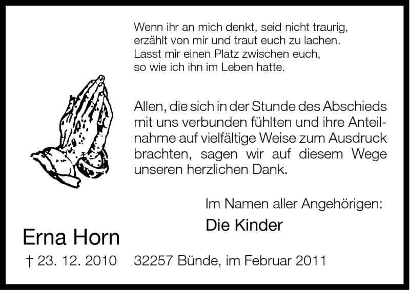  Traueranzeige für Erna Horn vom 01.02.2011 aus Neue Westfälische