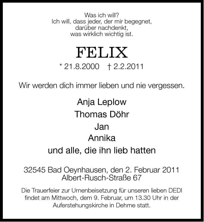  Traueranzeige für Felix  vom 04.02.2011 aus Neue Westfälische