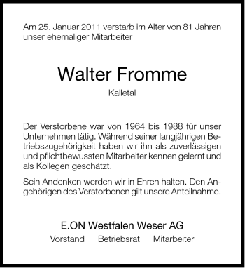 Traueranzeige von Walter Fromme von Neue Westfälische