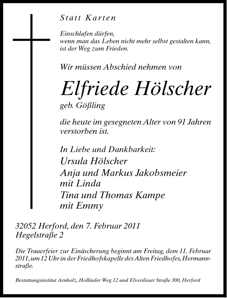  Traueranzeige für Elfriede Hölscher vom 09.02.2011 aus Neue Westfälische