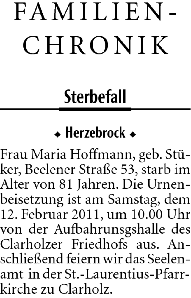  Traueranzeige für Maria Hoffmann vom 09.02.2011 aus Neue Westfälische
