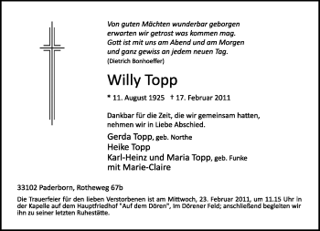 Traueranzeige von Willy Topp von Neue Westfälische