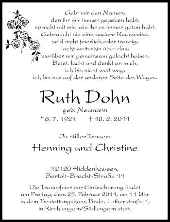 Traueranzeige von Ruth Dohn von Neue Westfälische