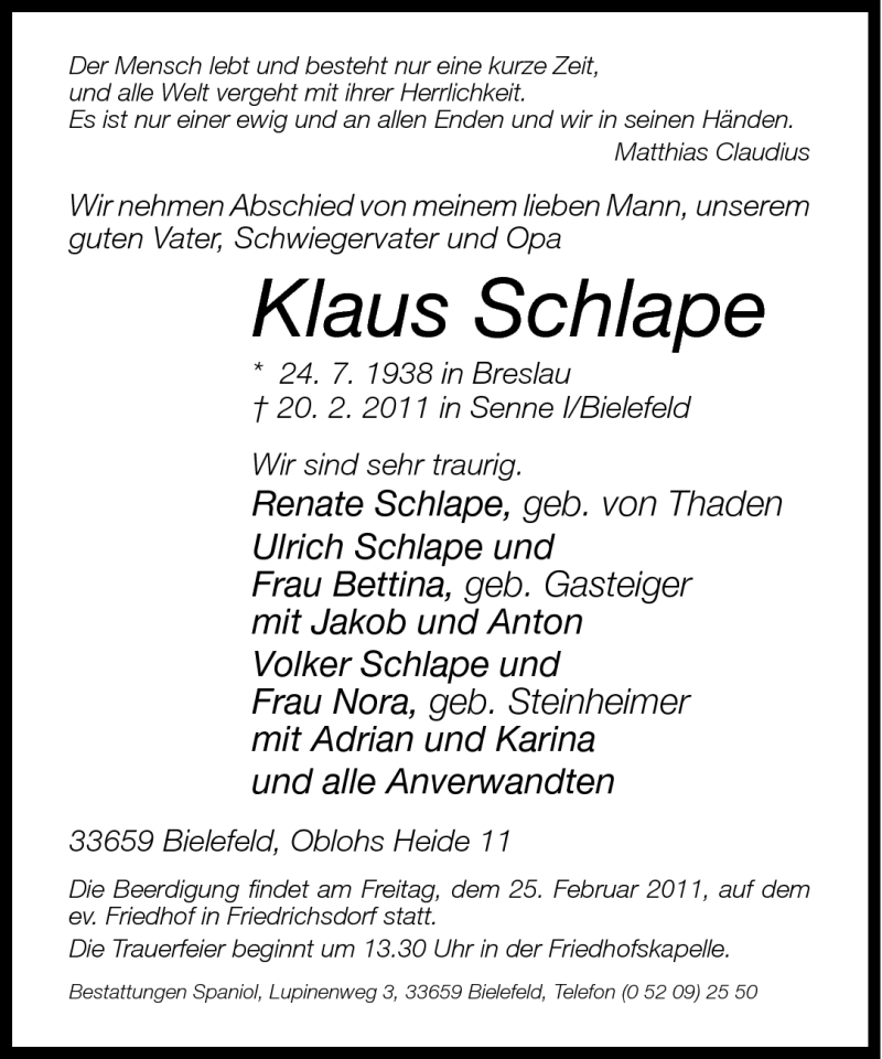  Traueranzeige für Klaus Schlape vom 22.02.2011 aus Neue Westfälische