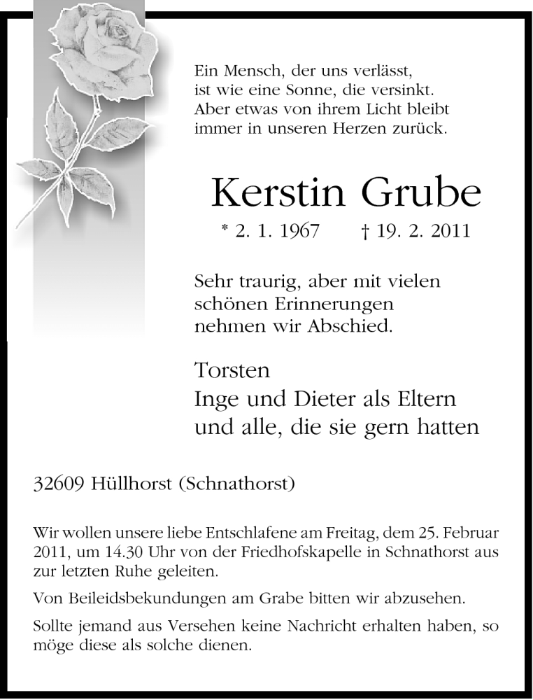  Traueranzeige für Kerstin Grube vom 22.02.2011 aus Neue Westfälische