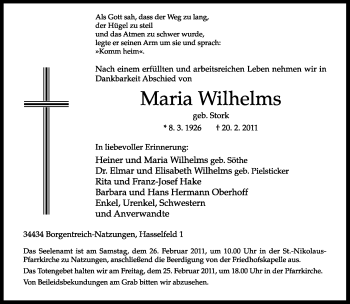 Traueranzeige von Maria Wilhelms von Neue Westfälische