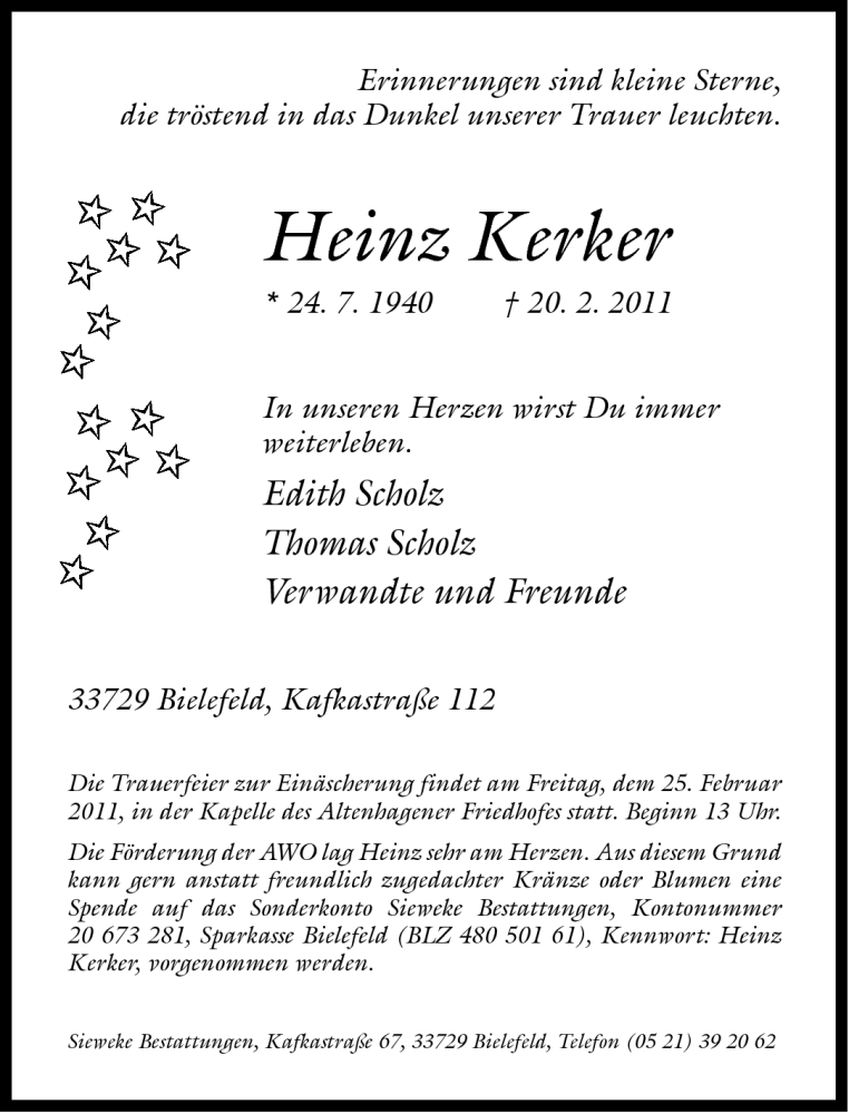  Traueranzeige für Heinz Kerker vom 23.02.2011 aus Neue Westfälische