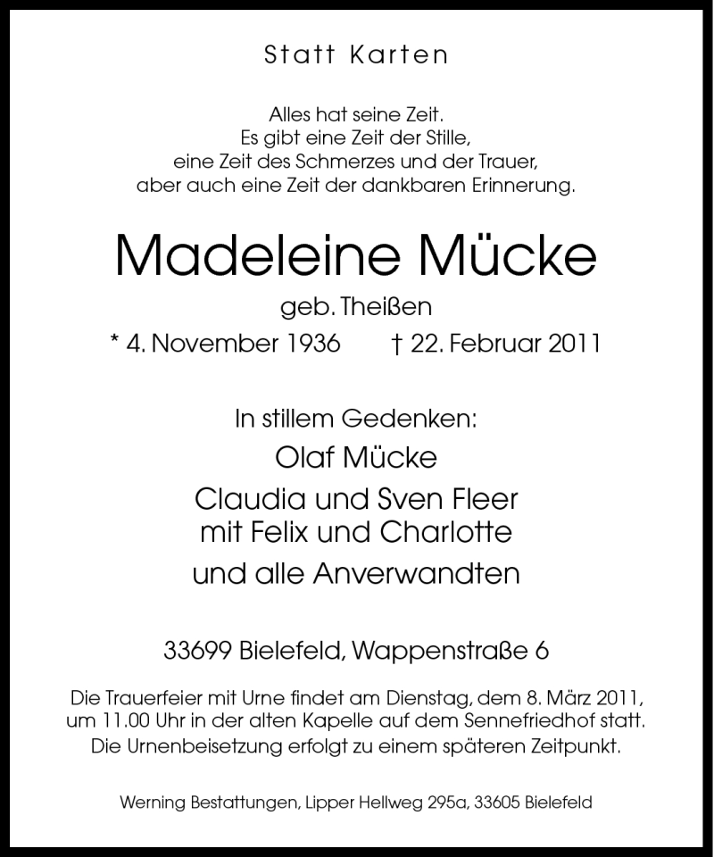  Traueranzeige für Madeleine Mücke vom 02.03.2011 aus Neue Westfälische