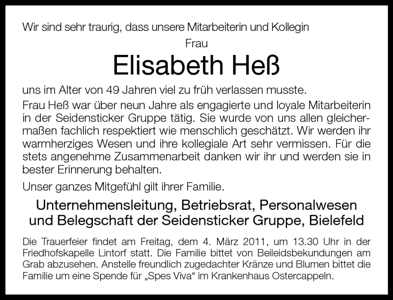  Traueranzeige für Elisabeth Heß vom 03.03.2011 aus Neue Westfälische