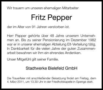 Traueranzeige von Frit Pepper von Neue Westfälische