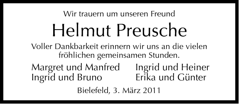  Traueranzeige für Helmut Preusche vom 04.03.2011 aus Neue Westfälische