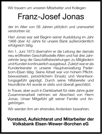Traueranzeige von Franz-Josef Jonas von Neue Westfälische